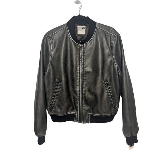 SO Faux Leather Bomber Jacket L Black Zip Front Vegan Moto Streetwear NWT edgy - Picture 6 of 10